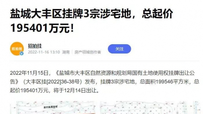 大丰区挂牌3宗涉宅地，总起价195401万元！